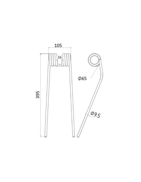 Muelle - Rastrillo - - - Longitud:395mm, Anchura:105mm, Ø9.5mm - Recambio para Kuhn, Case IH Corresponde a: 58505214