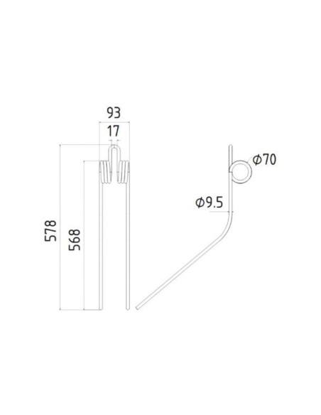 Muelle - Rastrillo - - - Longitud:568mm, Anchura:93mm, Ø9.5mm - Recambio para Kuhn Corresponde a: 57720200