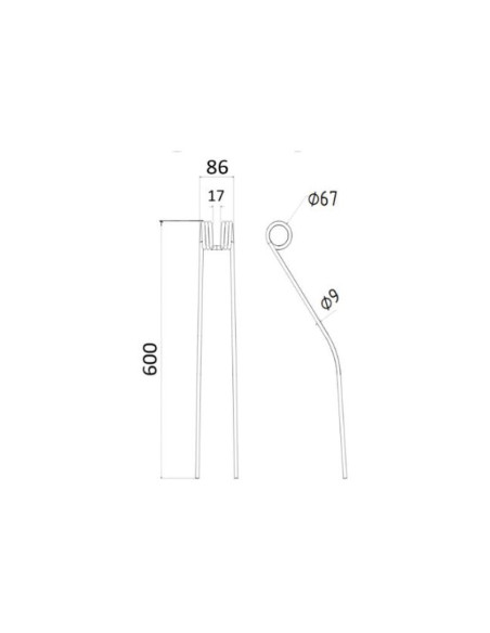 Muelle - Rastrillo - - - Longitud:600mm, Anchura:86mm, Ø9mm - Recambio para Claas, Bautz Corresponde a: 9554830