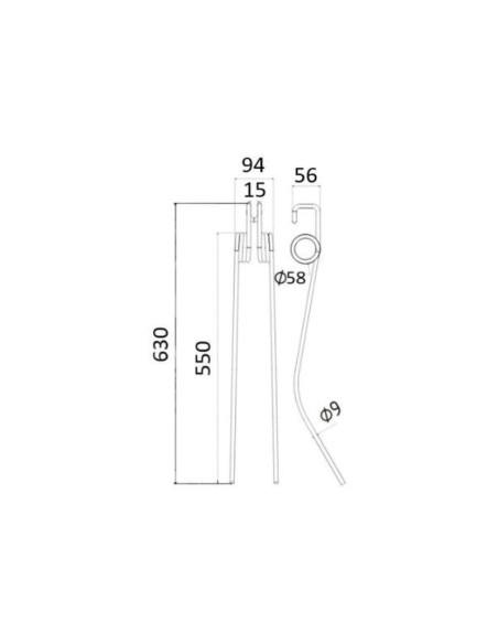 Muelle - Rastrillo - - - Longitud:630mm, Anchura:94mm, Ø9mm - Recambio para Deutz-Fahr Corresponde a: 16504333
