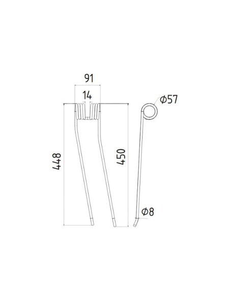 Muelle - Rastrillo - Dcha/Izda - Longitud:448mm, Anchura:91mm, Ø8mm - Recambio para Case IH Corresponde a: 3162294