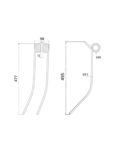 Muelle - Rastrillo - Dcha/Izda - Longitud:477mm, Anchura:98mm, Ø8.5mm - Recambio para Kuhn Corresponde a: 57502000