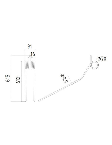 Muelle - Rastrillo - Dcha/Izda - Longitud:612mm, Anchura:91mm, Ø9.5mm - Recambio para Kuhn Corresponde a: 57562500