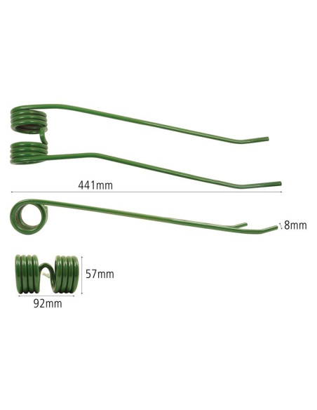 Muelle - Rastrillo - Dcho. - Longitud:441mm, Anchura:92mm, Ø8mm - Recambio para Fella, New Holland, Stoll Corresponde a: 539281