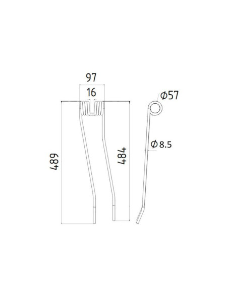 Muelle - Rastrillo - Dcho. - Longitud:489mm, Anchura:97mm, Ø8.5mm - Recambio para Case IH Corresponde a: 3174196