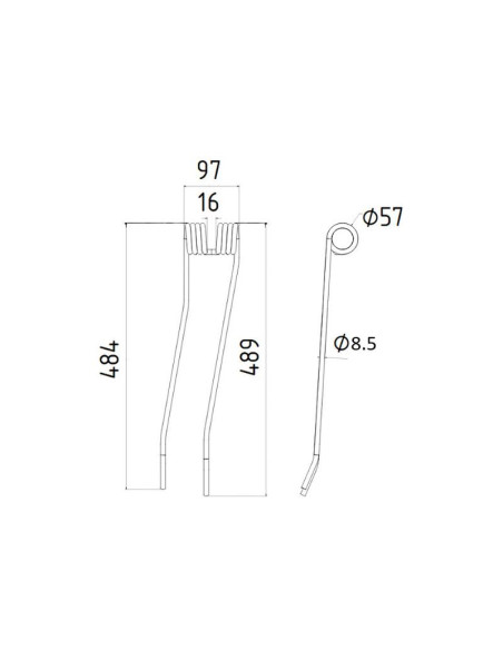 Muelle - Rastrillo - Izdo. - Longitud:489mm, Anchura:97mm, Ø8.5mm - Recambio para Case IH Corresponde a: 3174195
