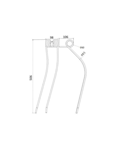 Muelle - Rastrillo Longitud:506mm, Anchura:98mm, Ø8.5mm - Recambio para Kuhn Corresponde a: 57701700