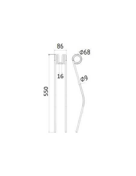 Muelle - Rastrillo Longitud:550mm, Anchura:86mm, Ø9mm - Recambio para Claas, Bautz Corresponde a: 9536290