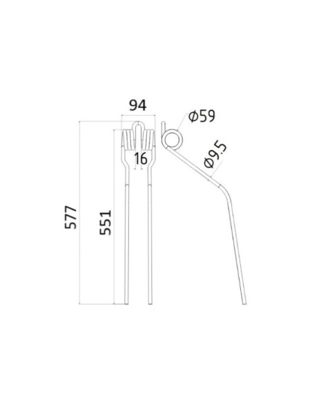 Muelle - Rastrillo Longitud:551mm, Anchura:94mm, Ø9.5mm - Recambio para Fella