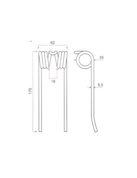 Muelle pick-up Longitud:170mm, Anchura:62mm, Ø5.5mm - Recambio para Deutz-Fahr Corresponde a: 06572888